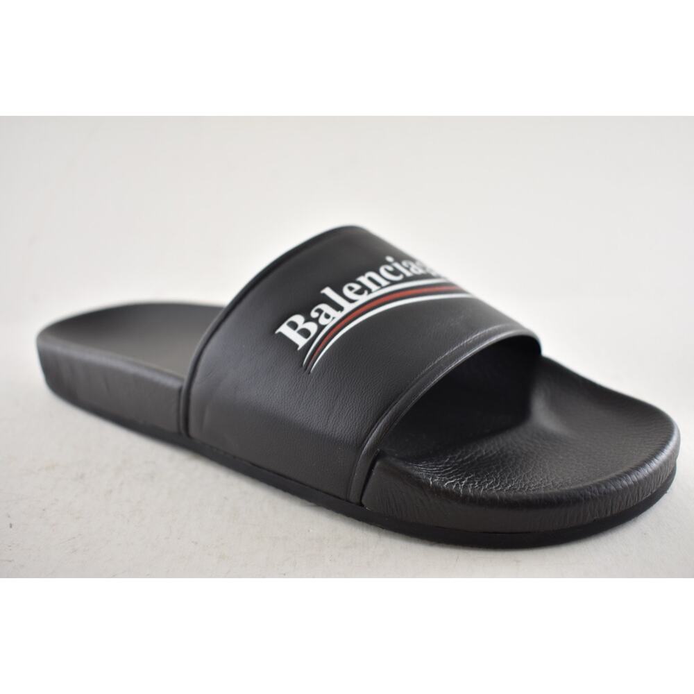 Balenciaga Black Leather Campaign Logo Slide Pool Sandal Flip Flop Flat 44 11 - Picture 5 of 15